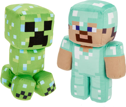 Mattel Minecraft Plush Figure 2-Pack, Steve in Diamond Armor & Charged Creeper Set with Pixelated Design (Amazon Exclusive)