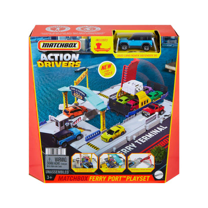 Matchbox HMH29 Ferry Port Set with Detachable Wheeled Ferry, Elements to Activate Manually or with The Help of The Land Rover Car, Children's Toy, from 3 Years Old,