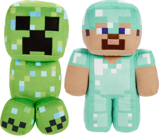 Mattel Minecraft Plush Figure 2-Pack, Steve in Diamond Armor & Charged Creeper Set with Pixelated Design (Amazon Exclusive)