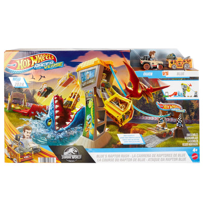 Hot Wheels Track Set & Toy Cars, RacerVerse Jurassic World Blue’s Raptor Rush Track Set with 2 Die-Cast Racers: Blue The Dinosaur & Owen