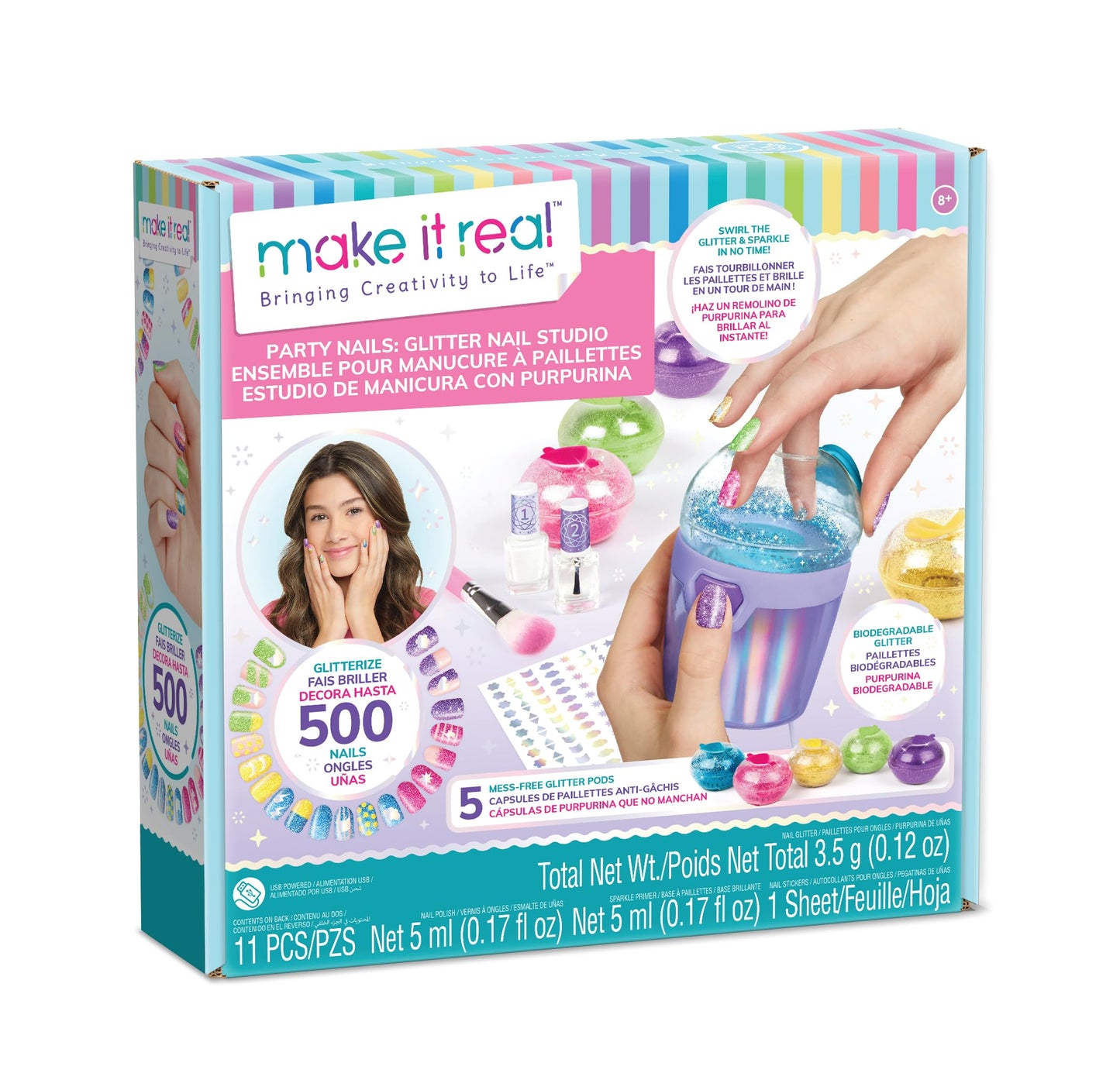 Make It Real: Party Nails Glitter Nail Studio - DIY Nail Kit, Decorate 500 Nails, 5 Mess-Free Glitter Pods, Tweens, Girls & Kids Ages 8+