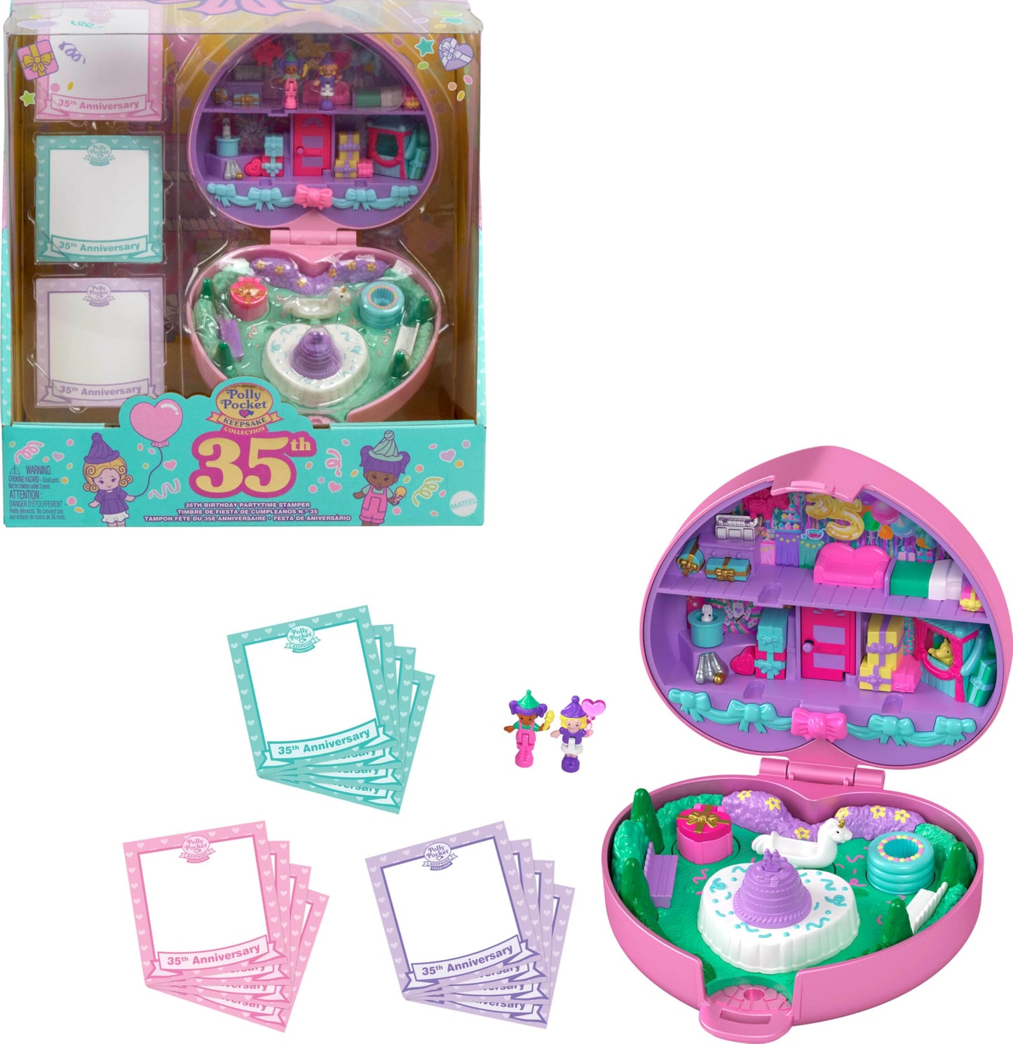 Polly Pocket Dolls & Playset, Collector Heritage Compact, 35th Birthday Partytime Stamper with 2 Micro Dolls, 3 Party Stamps & 12 Stationary Cards