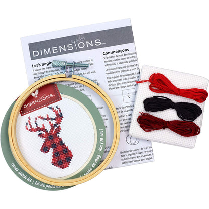 Dimensions Kit, Plaid Reindeer Christmas Cross Stitch, White 14 Count Aida, 4'' Embroidery Hoop