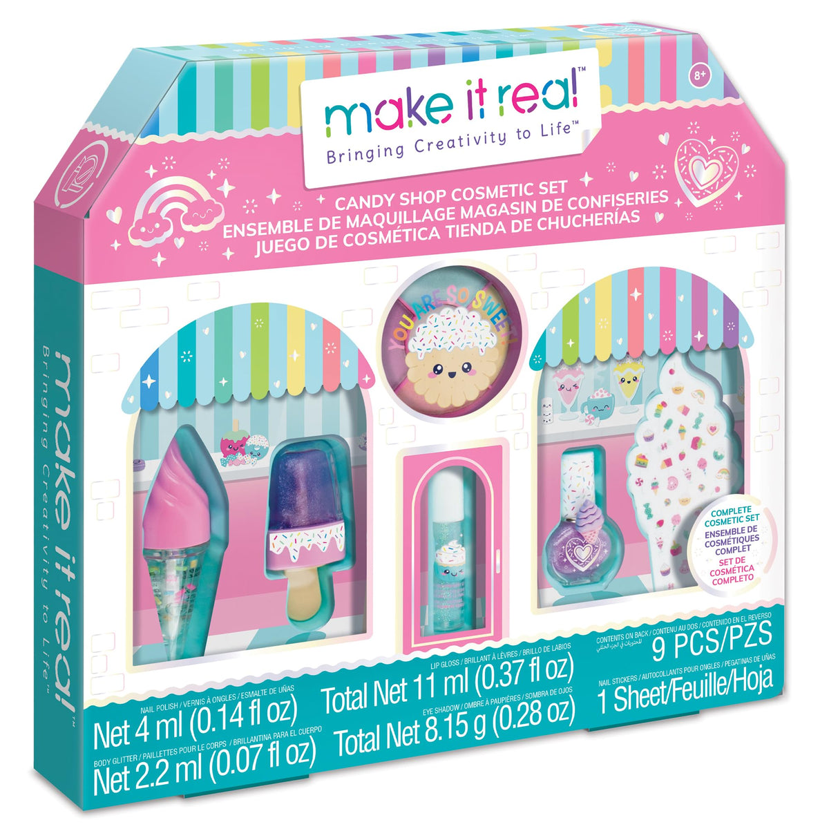Make It Real: Candy Shop Cosmetic Set - 9 pcs, Vanilla & Strawberry Scented Cosmetics, Ice-Cream Shaped Glosses, Beauty Kit, Tweens, Girls & Kids Ages 8+