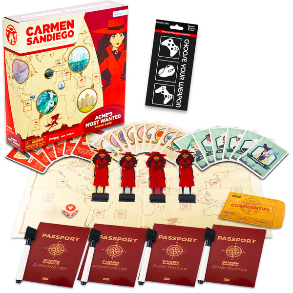 Carmen Sandiego Board Game Bundle with Acme's Most Wanted Stickers