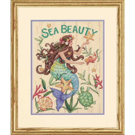 Dimensions Sea Beauty' Mermaid Cross Stitch Kit, 14 Count Natural Aida, 9" x 12"