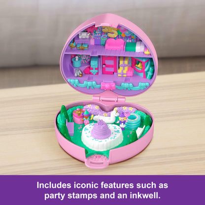 Polly Pocket Dolls & Playset, Collector Heritage Compact, 35th Birthday Partytime Stamper with 2 Micro Dolls, 3 Party Stamps & 12 Stationary Cards