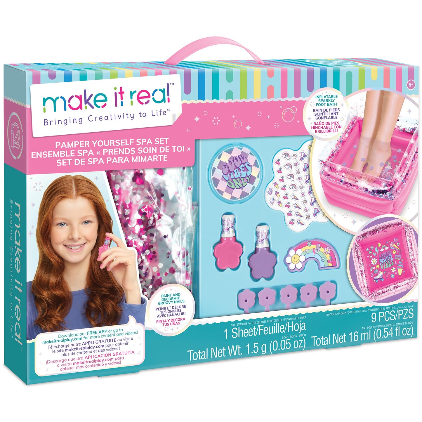 Make It Real: Pamper Yourself Spa Set - 9 pcs, Inflatable Sparkly Foot Bath & Accessories, Nail Polish & Art, Tweens, Girls & Kids Ages 8+