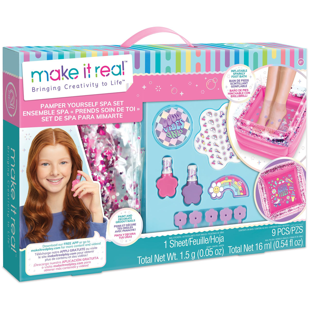 Make It Real: Pamper Yourself Spa Set - 9 pcs, Inflatable Sparkly Foot Bath & Accessories, Nail Polish & Art, Tweens, Girls & Kids Ages 8+