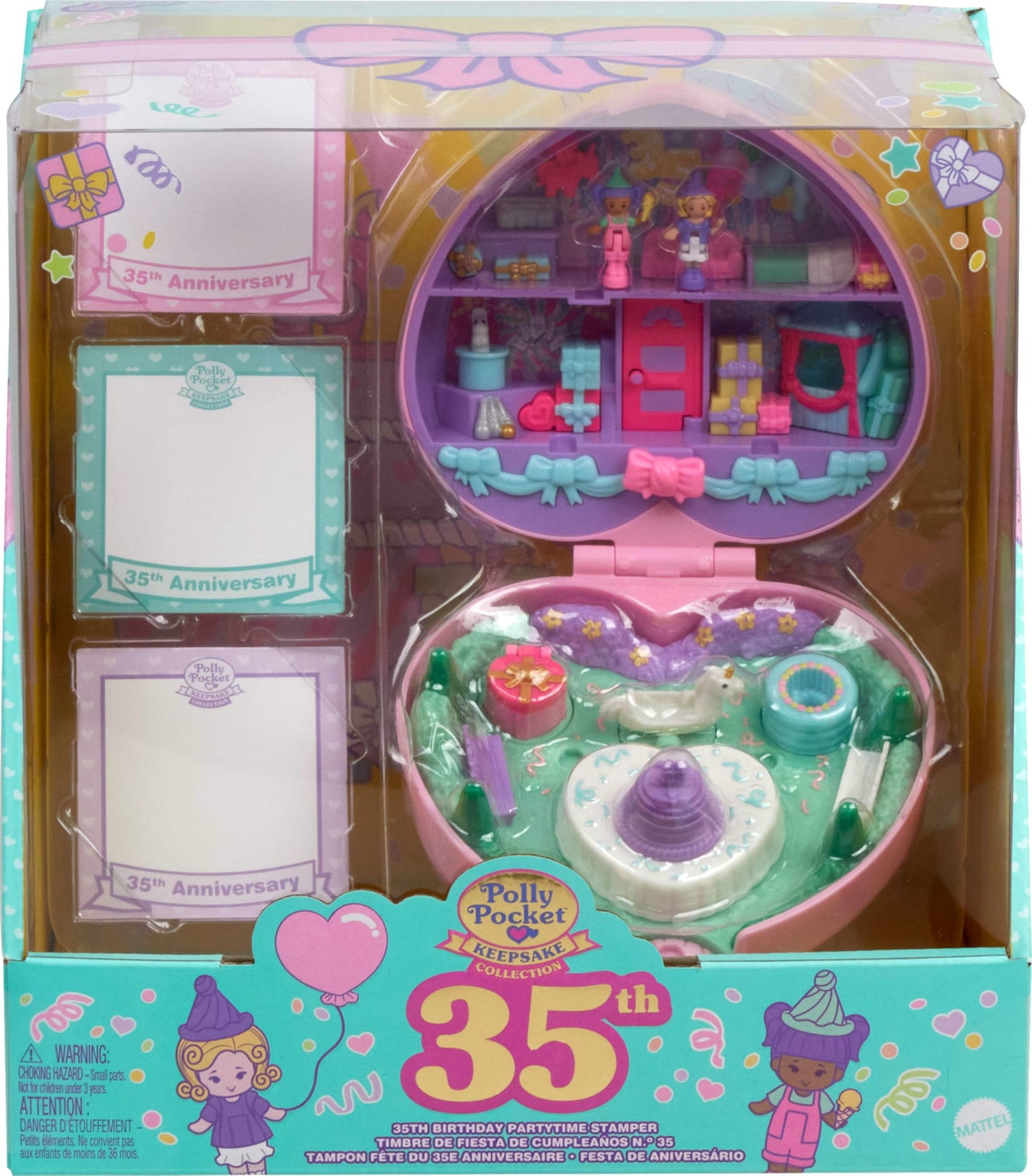 Polly Pocket Dolls & Playset, Collector Heritage Compact, 35th Birthday Partytime Stamper with 2 Micro Dolls, 3 Party Stamps & 12 Stationary Cards