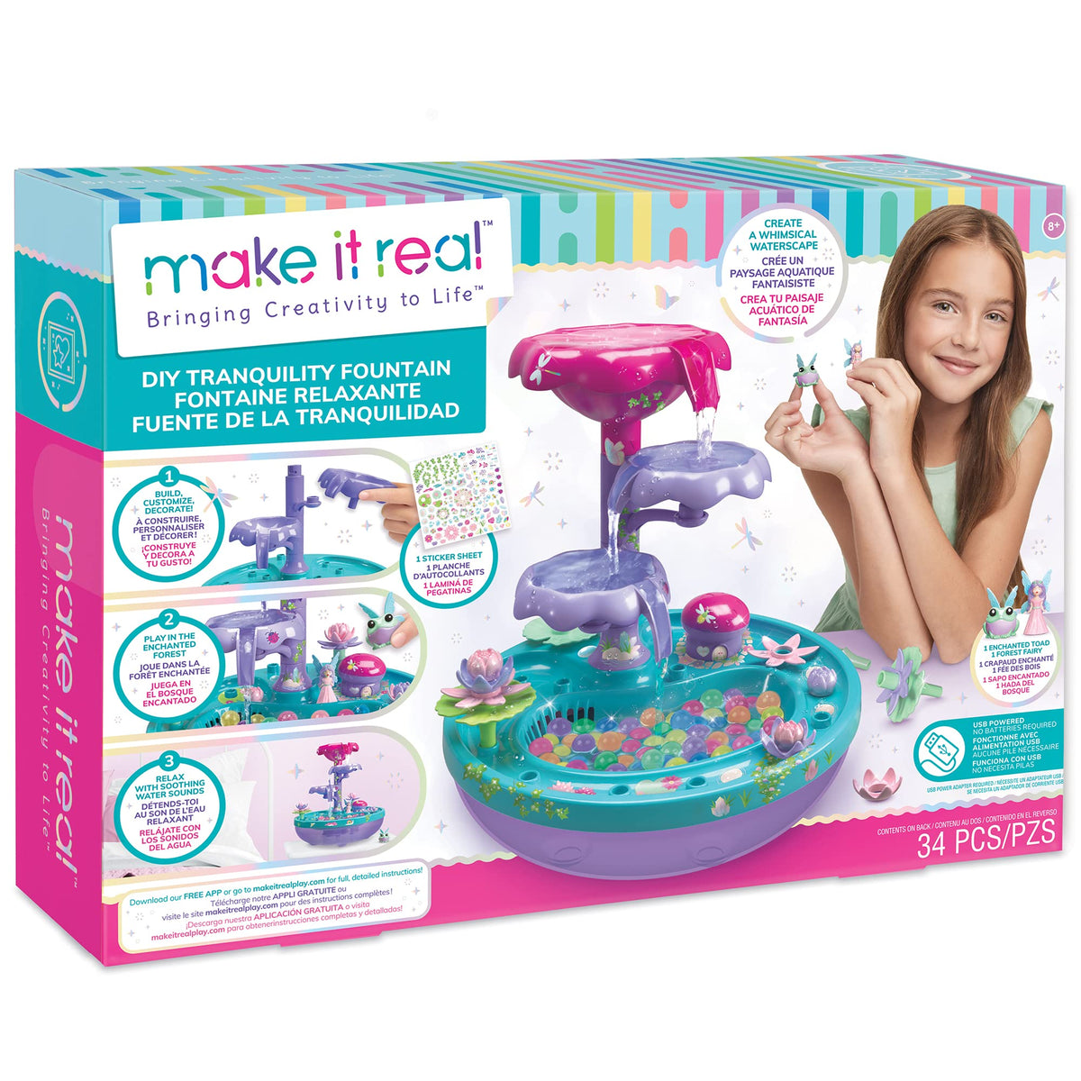 Make It Real: DIY Tranquility Fountain - Build a Whimsical Water Space, Water Falling & Sensory Experience, 30+ Pieces, Build-Play-Relax, USB Powered Water Feature, Tweens & Girls, Kids Ages 8+