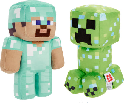 Mattel Minecraft Plush Figure 2-Pack, Steve in Diamond Armor & Charged Creeper Set with Pixelated Design (Amazon Exclusive)