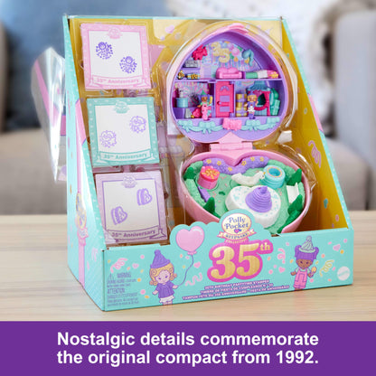 Polly Pocket Dolls & Playset, Collector Heritage Compact, 35th Birthday Partytime Stamper with 2 Micro Dolls, 3 Party Stamps & 12 Stationary Cards