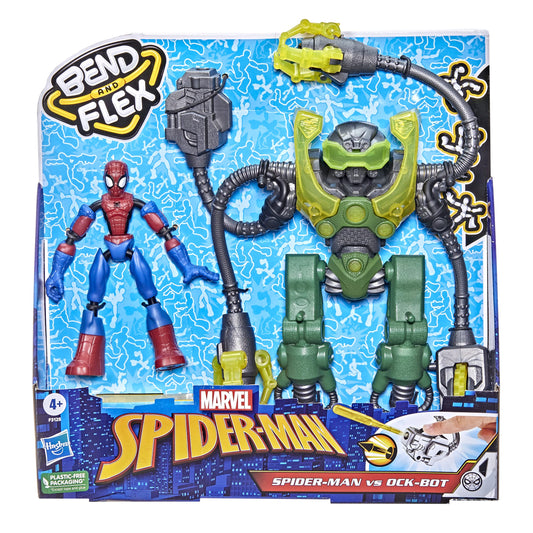 Marvel Bend and Flex Spider-Man Vs. Ock-Bot, 6-inch Spider-Man Action Figure, 10-Inch Ock-Bot with 2 Projectiles, Ages 4 and Up