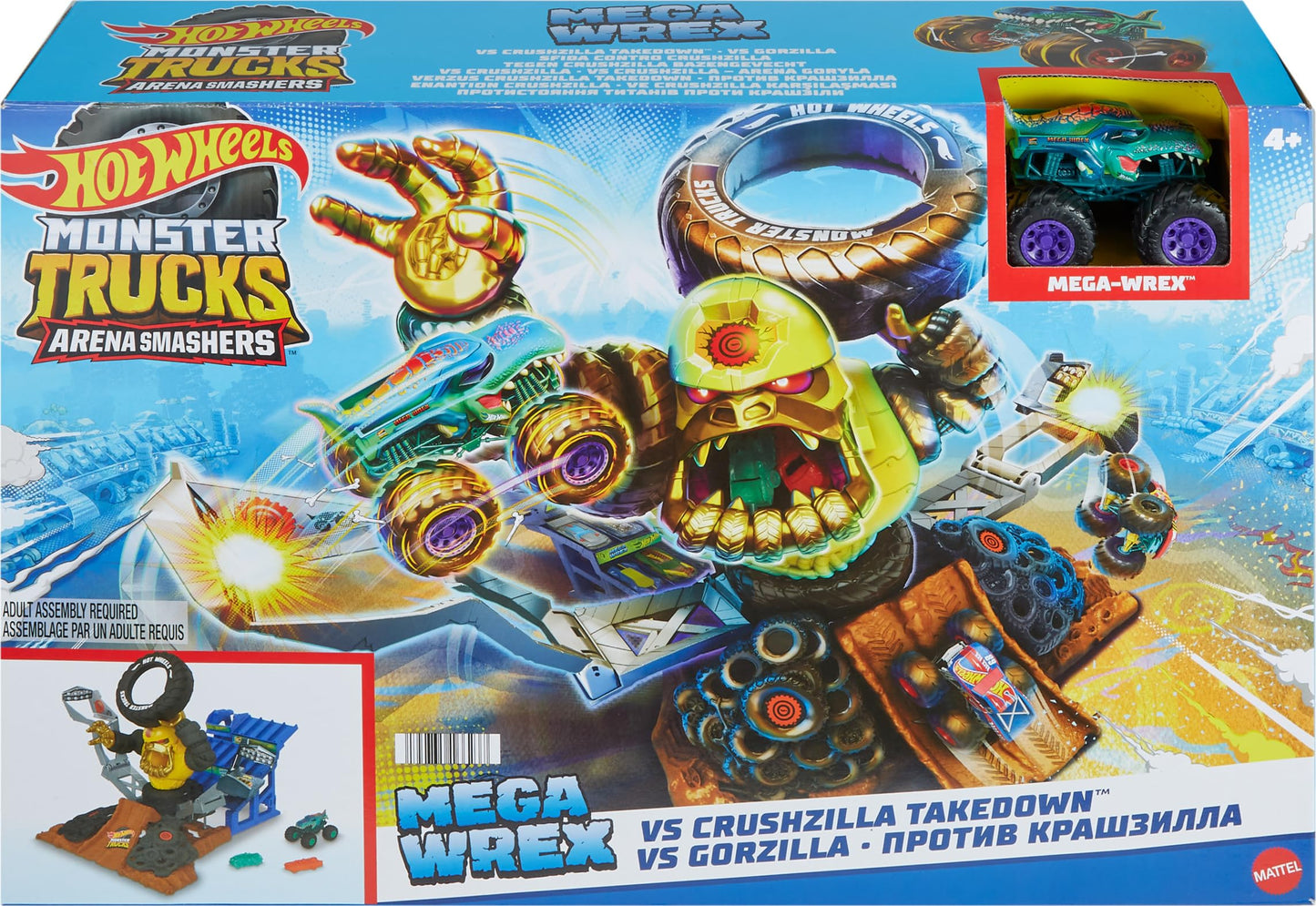 Hot Wheels Monster Trucks Arena Smashers Mega-Wrex vs. Crushzilla Takedown Playset with 1:64 Scale Mega-Wrex Toy Truck & 6 Crushable Cars