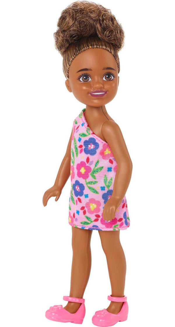 Barbie Chelsea Doll – Brunette Curly Hair, Flower-Print Dress