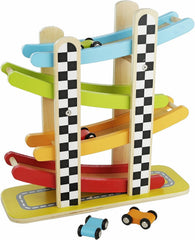 Toy Chest Wooden Race Track Ramp with 4 Mini Race Cars