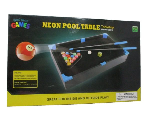 Real Wood Games Neon Pool Table – 19" Tabletop Billiards Game