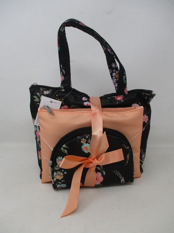 Allegro Cosmetic Bag Set of 3 — Black & Coral Organizer Pouches