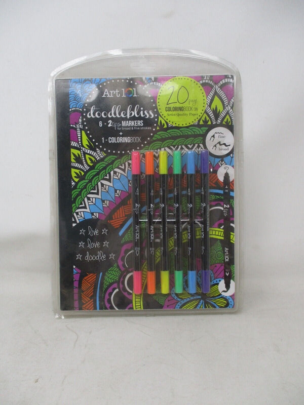 Art 101 Doodlebliss Coloring Book Set with 6 Double-Tip Markers