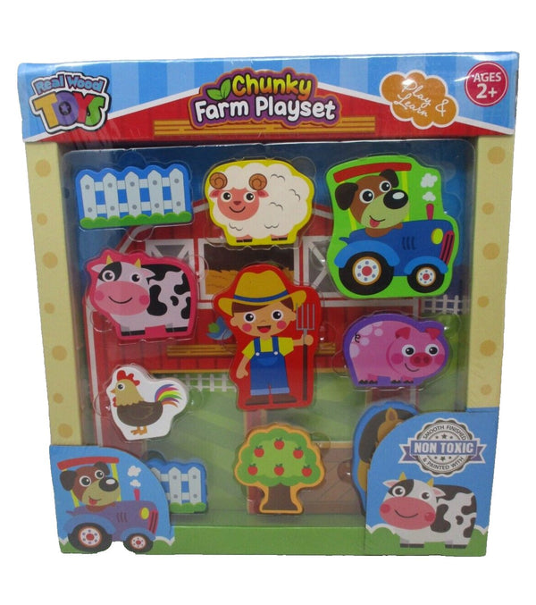 Real Wood Toys Chunky Farm Playset – 11-Piece Wooden Toy Set