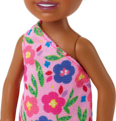 Barbie Chelsea Doll – Brunette Curly Hair, Flower-Print Dress