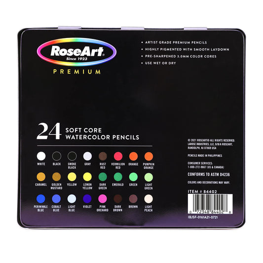 RoseArt Premium 24ct Soft Core Watercolor Pencils in Design Tin