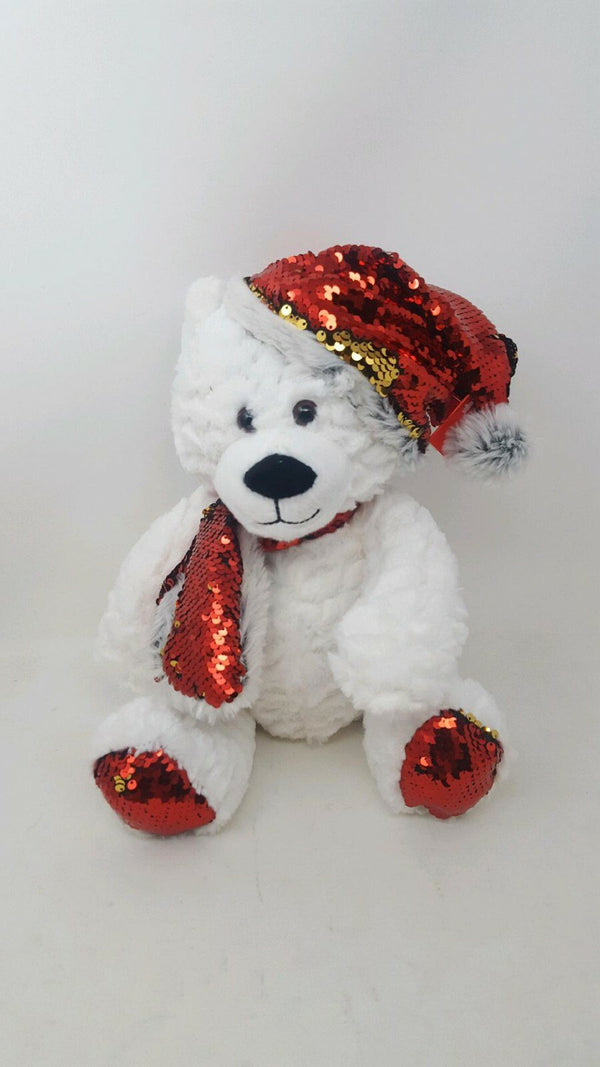 Gitzy 12" Flip Sequin Teddy Bear with Hat & Scarf – Red