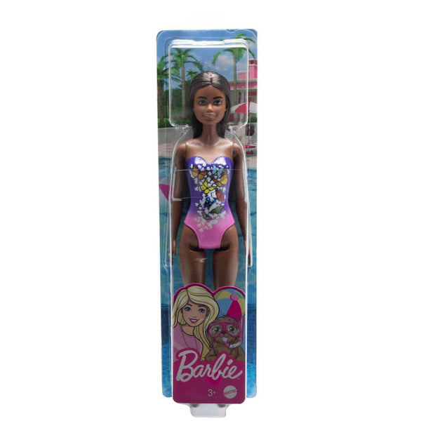 Barbie Beach Doll Purple Butterfly Swimsuit Straight Black Hair