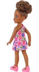 Barbie Chelsea Doll – Brunette Curly Hair, Flower-Print Dress