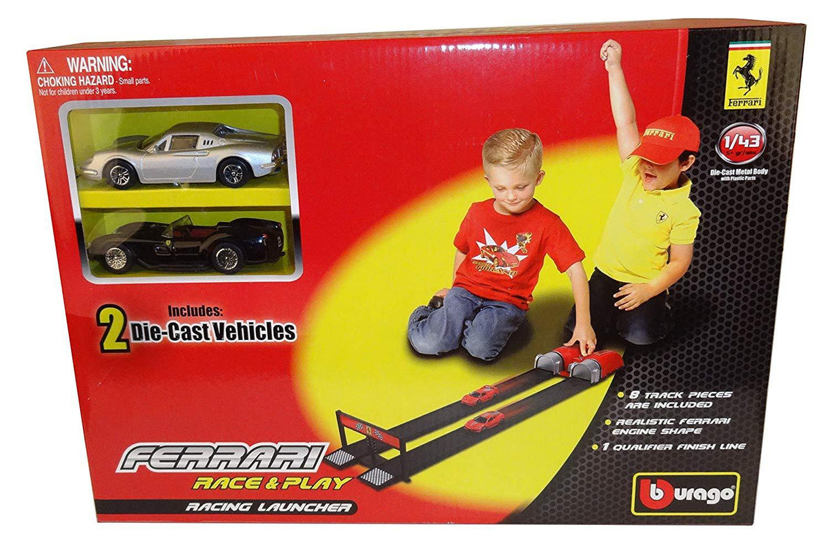 Bburago 1:43 Ferrari Race & Play Launcher Set – Silver & Black