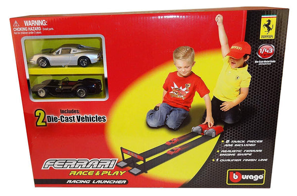Bburago 1:43 Ferrari Race & Play Launcher Set – Silver & Black