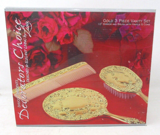 Davco Gold 3-Piece Vanity Set – Mirror, Brush & Comb