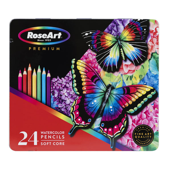 RoseArt Premium 24ct Soft Core Watercolor Pencils in Design Tin