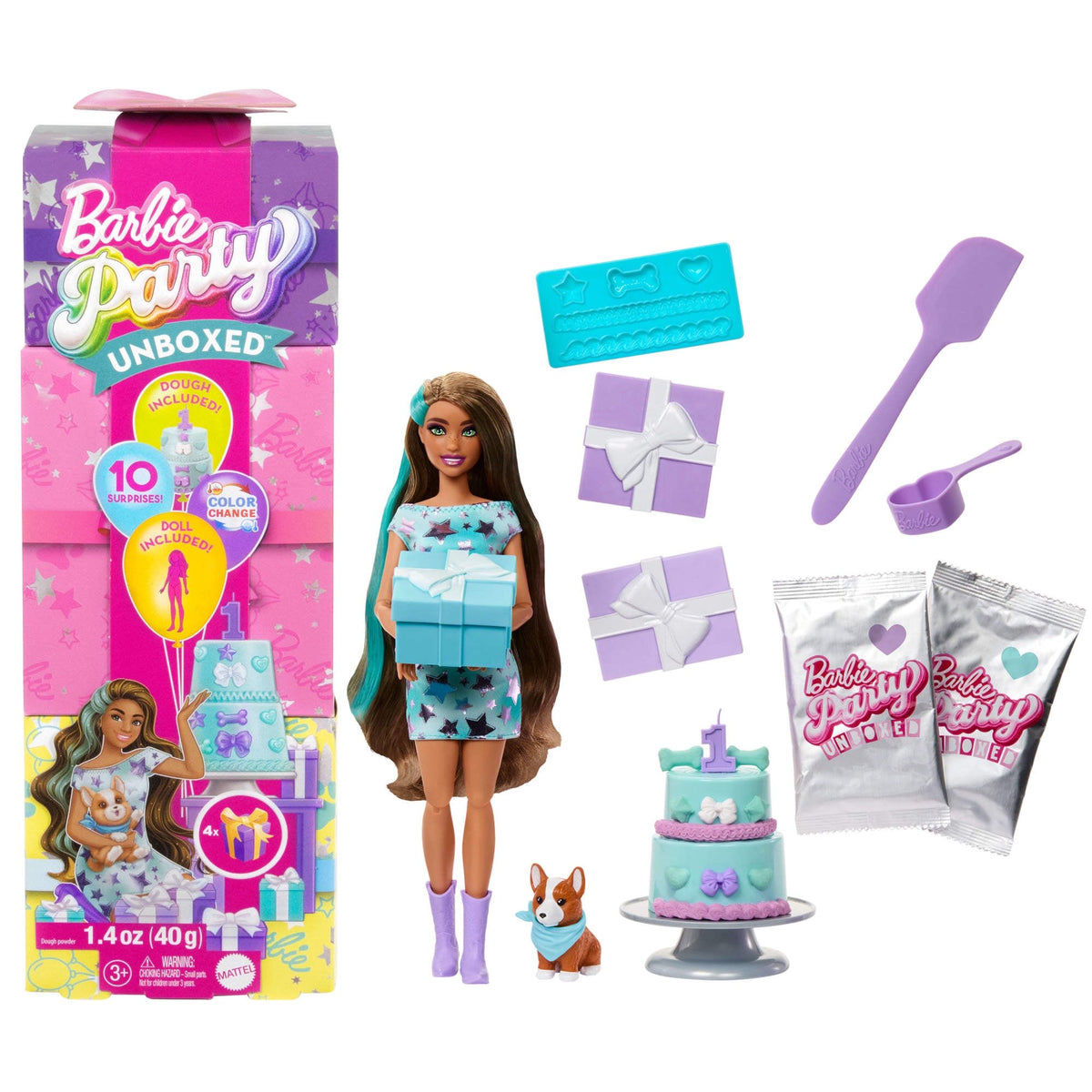 Barbie Party Unboxed Pet Birthday Doll Set with 10 Surprises