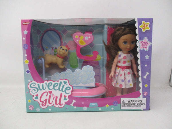 Sweetie Girl Brunette Doll Puppy Bath Time Playset