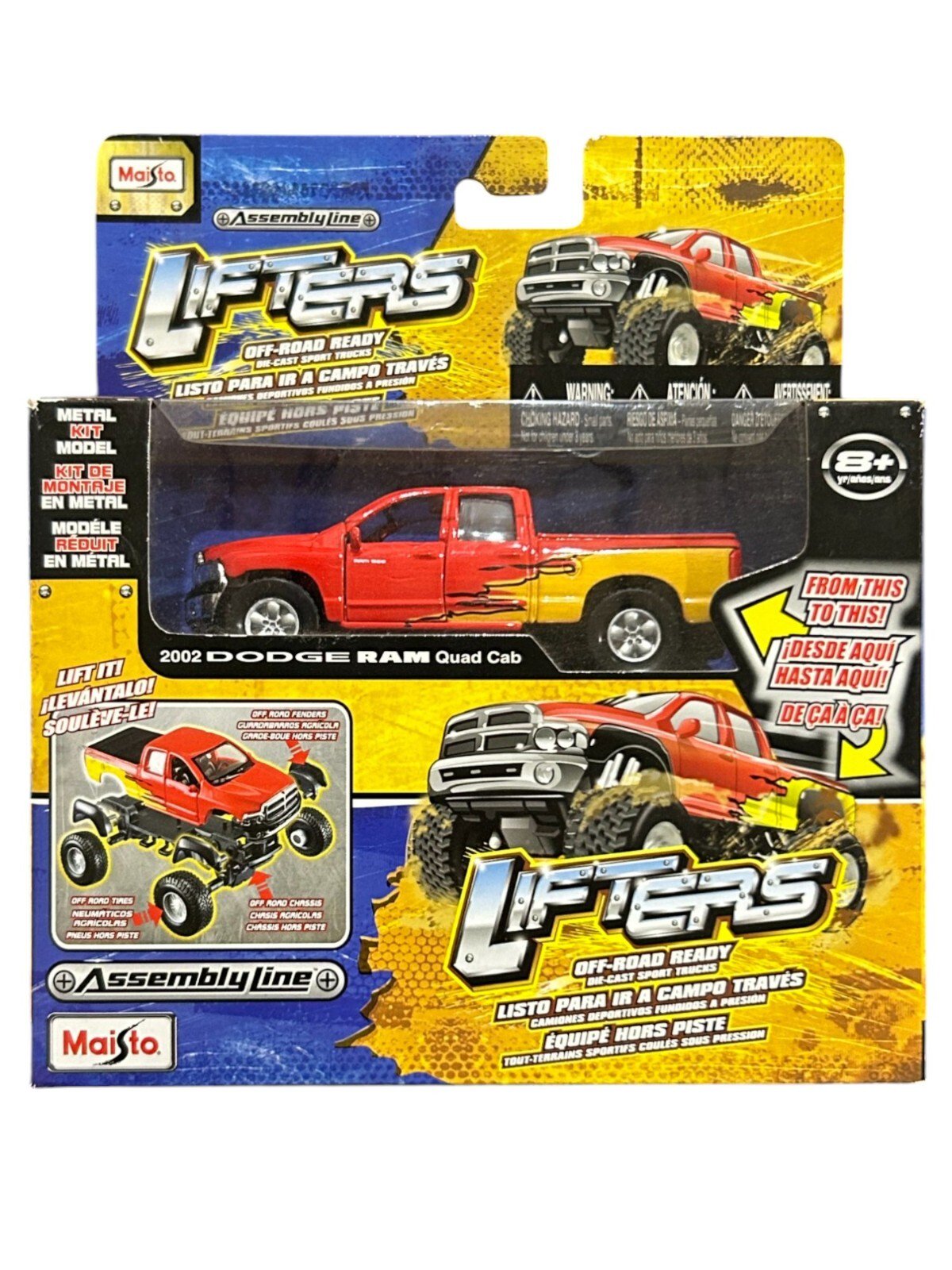 Maisto Assembly Line Lifters 2002 Dodge Ram Quad Cab — Orange/Yellow