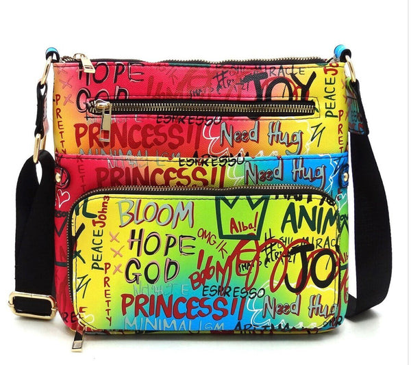 Alba Large Graffiti Crossbody Bag – Blue & Fuchsia Print