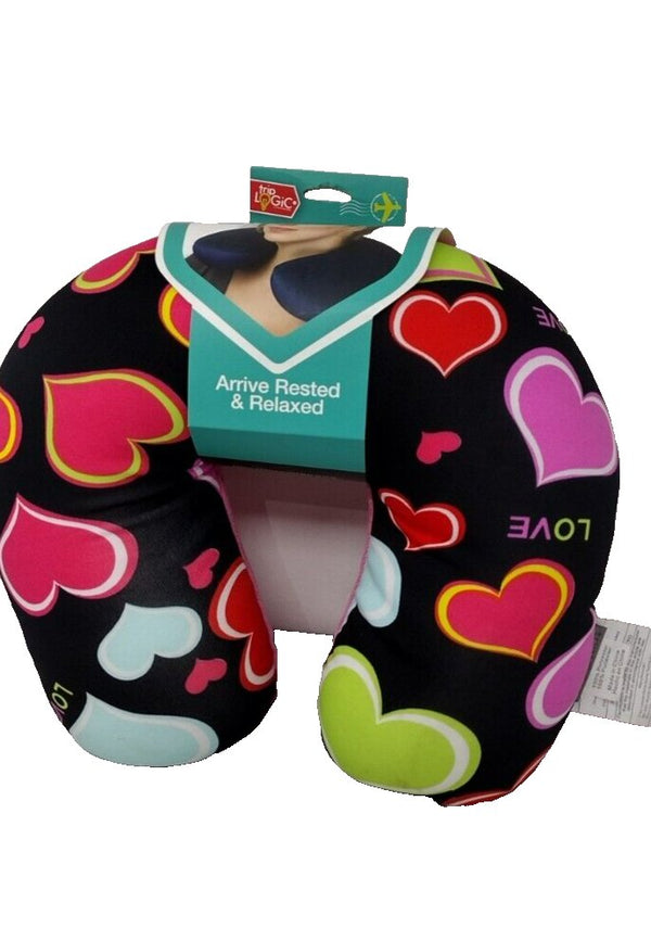 Trip Logic Plush Travel Pillow – Black with Hearts | Neck Support