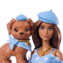 Barbie Twinning Looks Doll & Pet Dog – Blue Polka Dot Set