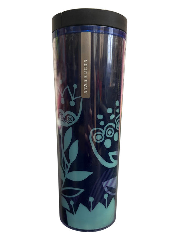 Starbucks Floral Blue Acrylic Travel Tumbler 16oz with Silver Badge