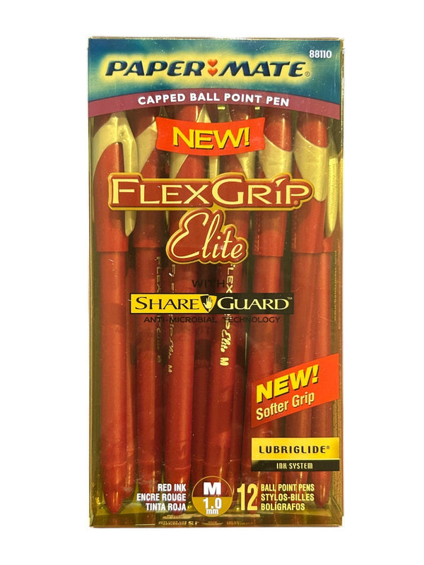 Paper Mate FlexGrip Elite Capped Ballpoint Pens, Red Ink, 12-Pack