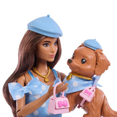 Barbie Twinning Looks Doll & Pet Dog – Blue Polka Dot Set