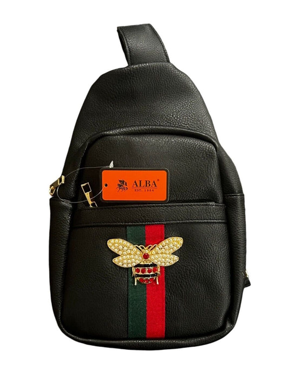 Alba Queen Bee Stripe Sling Backpack – Black Vegan Leather