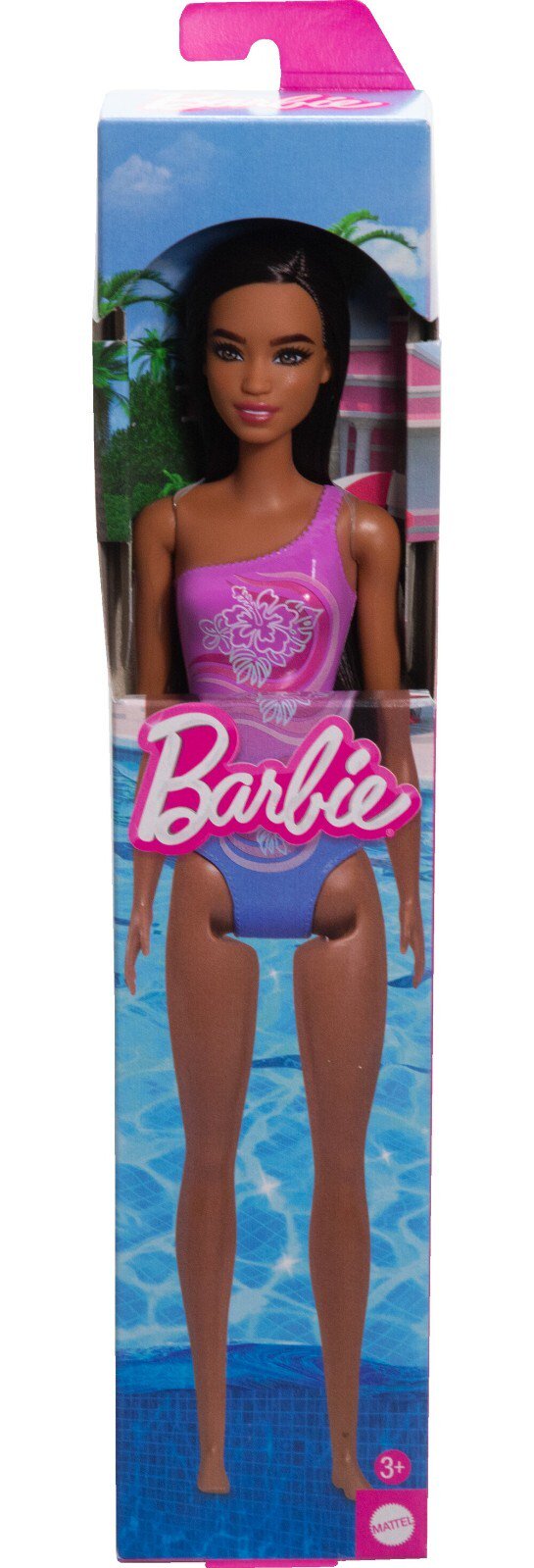 Barbie Beach Doll – Dark Brown Hair & Tropical Purple Swimsuit