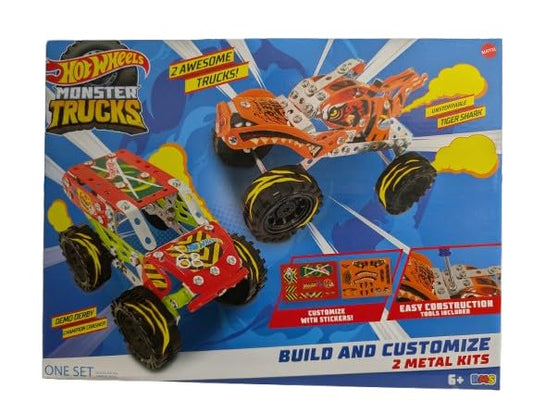 Hot Wheels Monster Trucks Build & Customize Metal Construction Kit, 2 Truck Set (Tiger Shark & Demo Derby), DIY Assembly Toy, Ages 6+