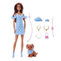 Barbie Twinning Looks Doll & Pet Dog – Blue Polka Dot Set