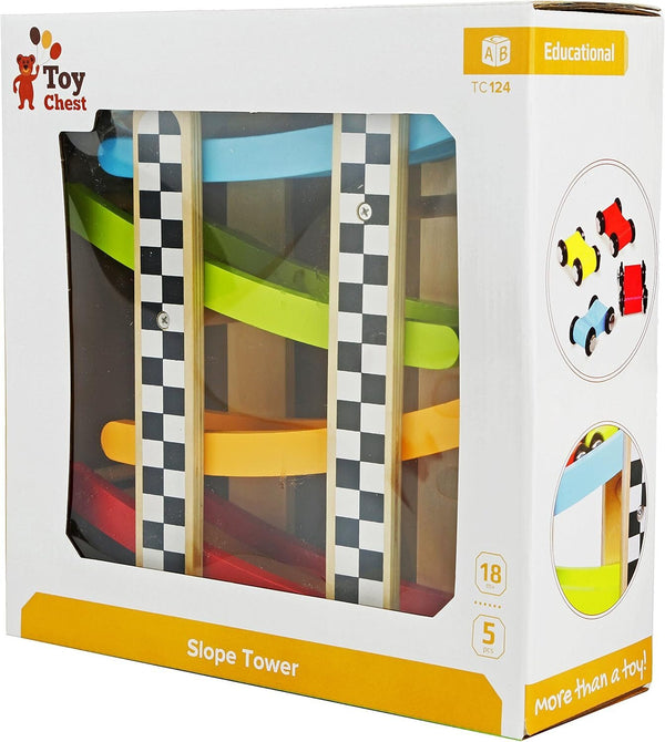 Toy Chest Wooden Race Track Ramp with 4 Mini Race Cars