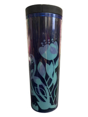 Starbucks Floral Blue Acrylic Travel Tumbler 16oz with Silver Badge