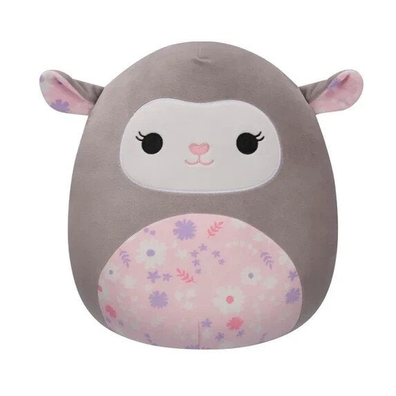 Squishmallows 12-Inch Elea Grey Lamb Pink Floral Belly Plush